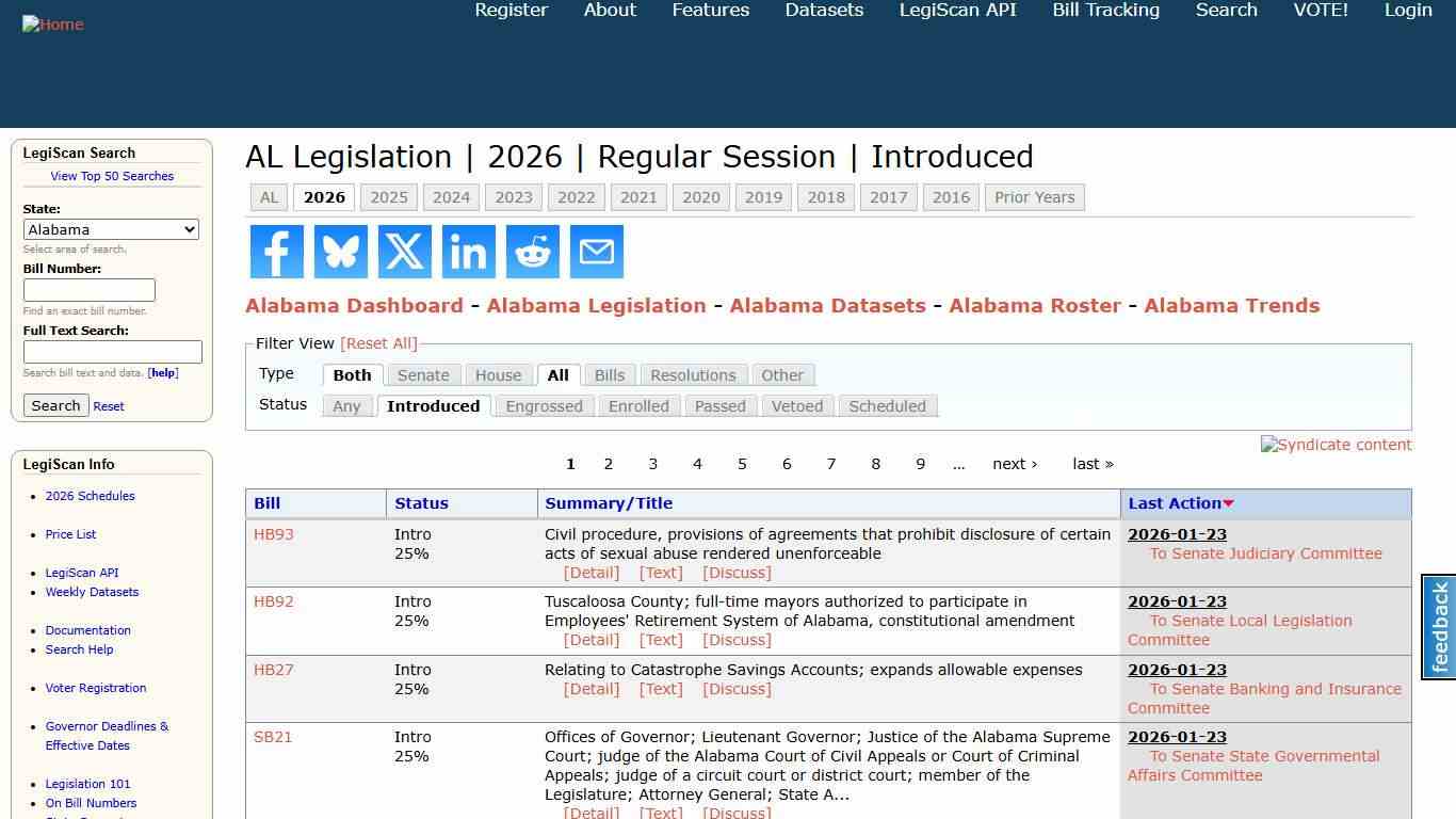 AL Legislation 2026 Regular Session Introduced LegiScan