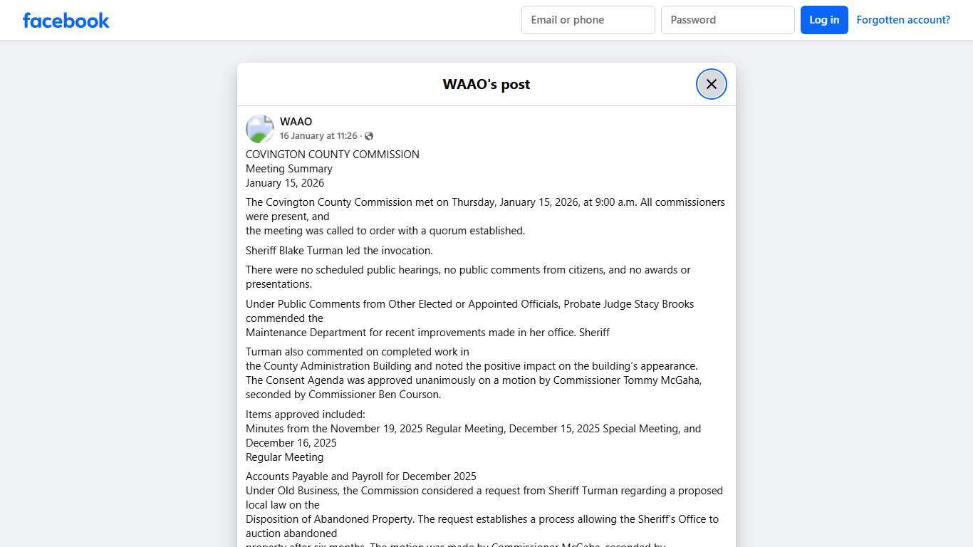 WAAO - COVINGTON COUNTY COMMISSION Meeting Summary January... Facebook