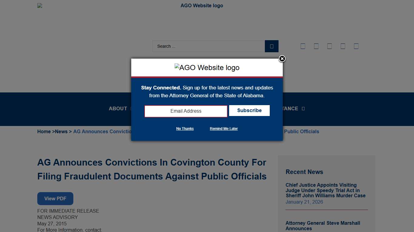 AG Announces Convictions In Covington County For Filing Fraudulent Documents Against Public Officials - Alabama Attorney General's Office
